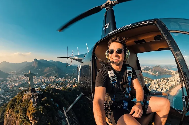 Doors off helicopter flight sight on Christ the Redeemer
